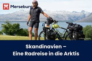 Beitragsbild Skandinavienvortrag Thomas Meixner © Thomas Meixner Thomas Meixner neben seinem Fahrrad, wie er die Sonne in Norwegen genießt